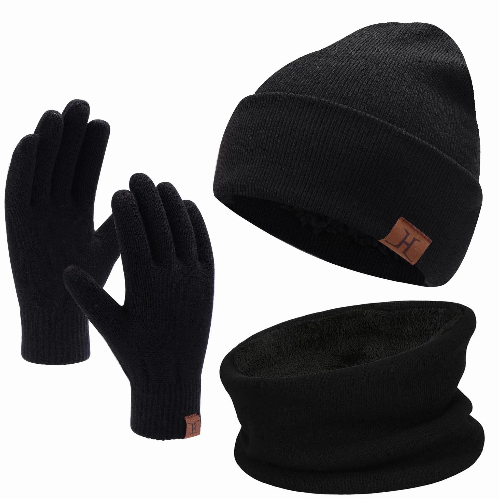 Bequemer Laden Winter Warm Mütze Loop Schal und Touchscreen Handschuhe Set für Herren und Damen, Wintermütze Strickmütze Beanie Schlauchschal Winterhandschuhe Strickhandschuhe mit Fleece Gefütterte