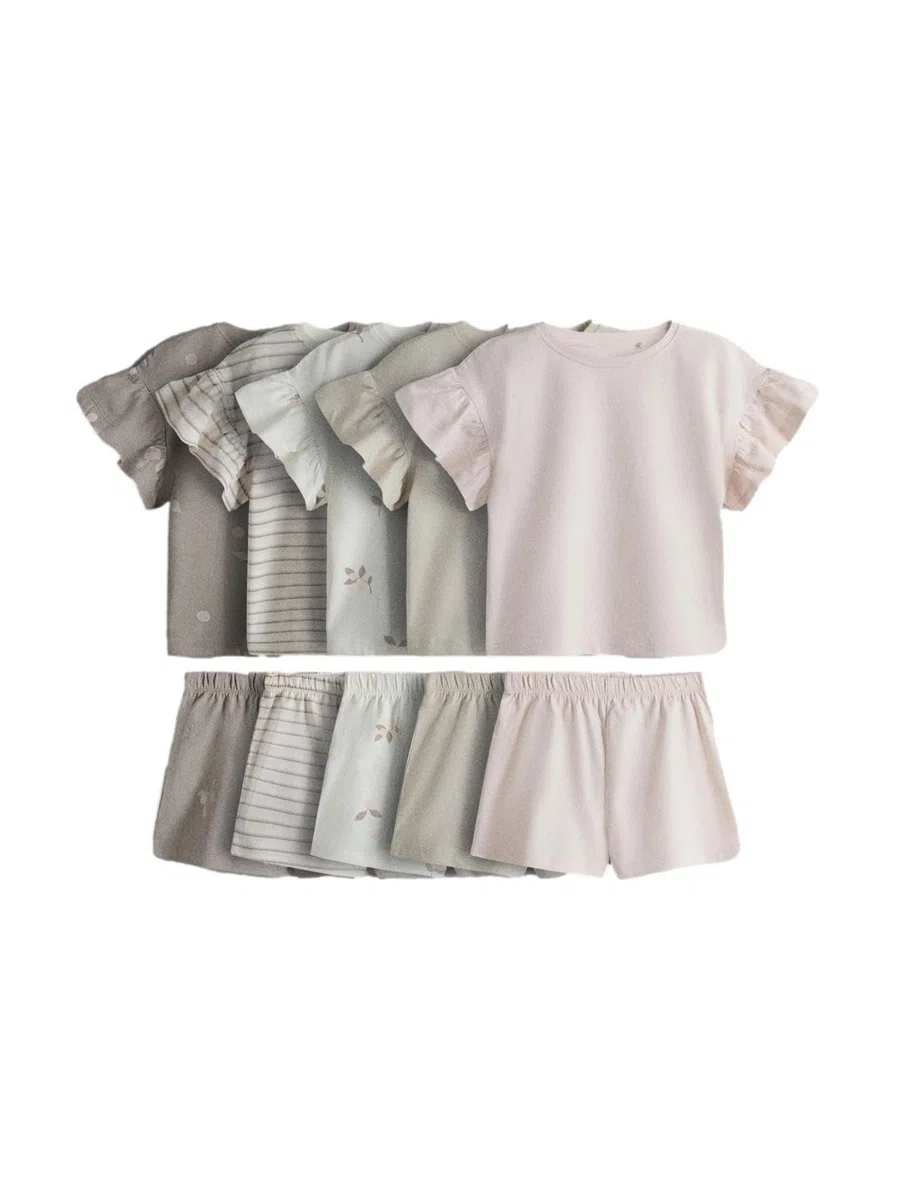 THE SET Mädchen T-Shirt mit Rüschenärmeln und Shorts aus Baumwolljersey, 5er-Pack
