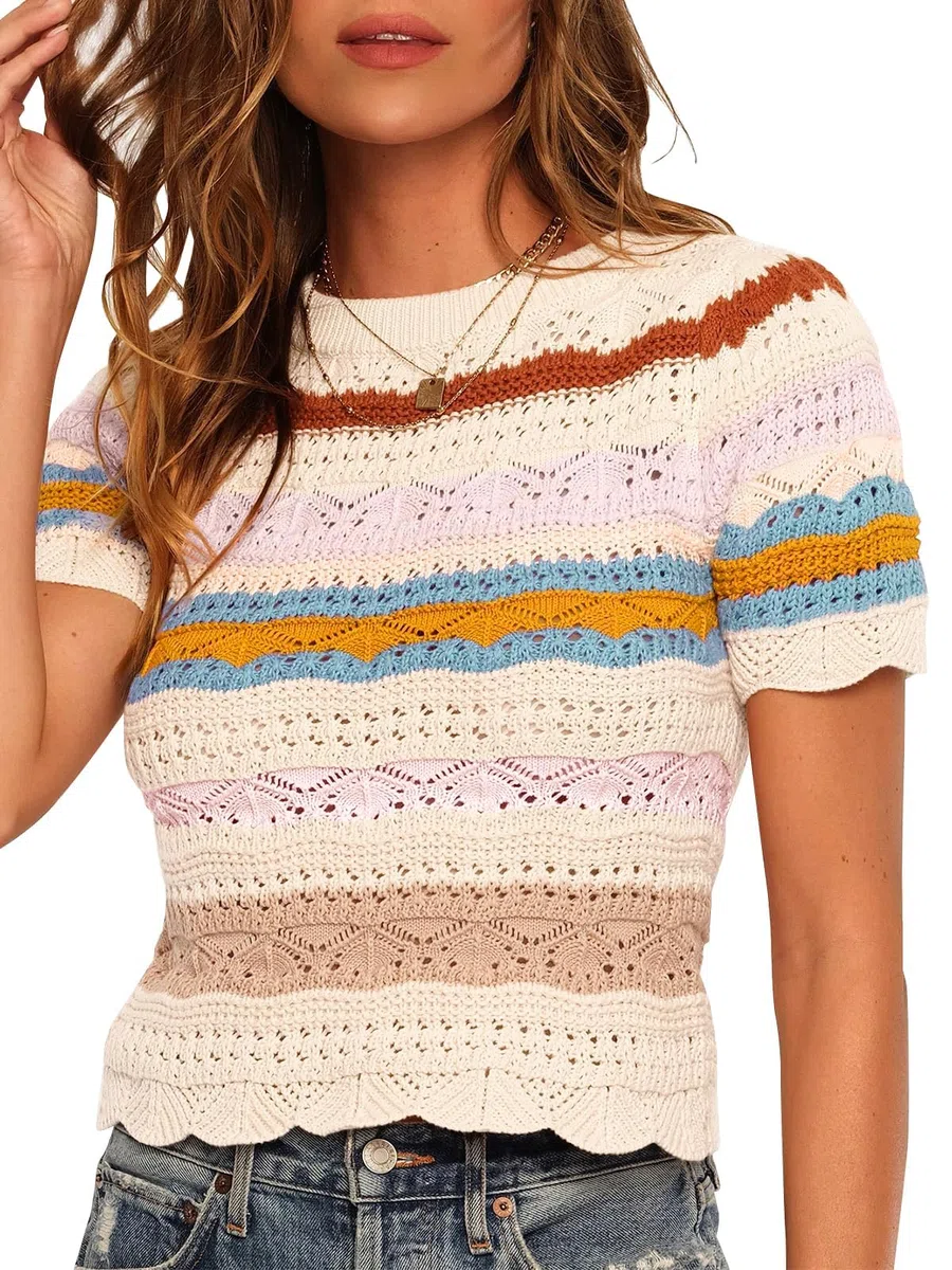 Saodimallsu Damen T-Shirt Gestreifte Kurzarmpullover | Sommer, Oberteile, Farbblock, Kurzarm, Strickpullover, Häkelshirt, Leicht, Casual