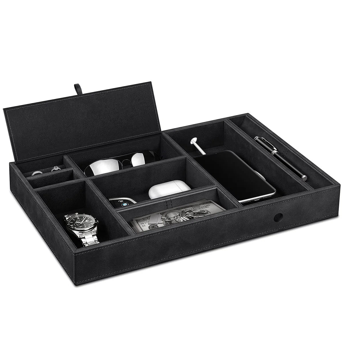 SITHON Taschenleerer Tisch Organizer, 8 Fächer Tablett Ablage Aufbewahrungsbox Kunstleder Nachttisch Kosmetiktablett Münzbox Schlüssel Schmuck Organizer, Schwarz