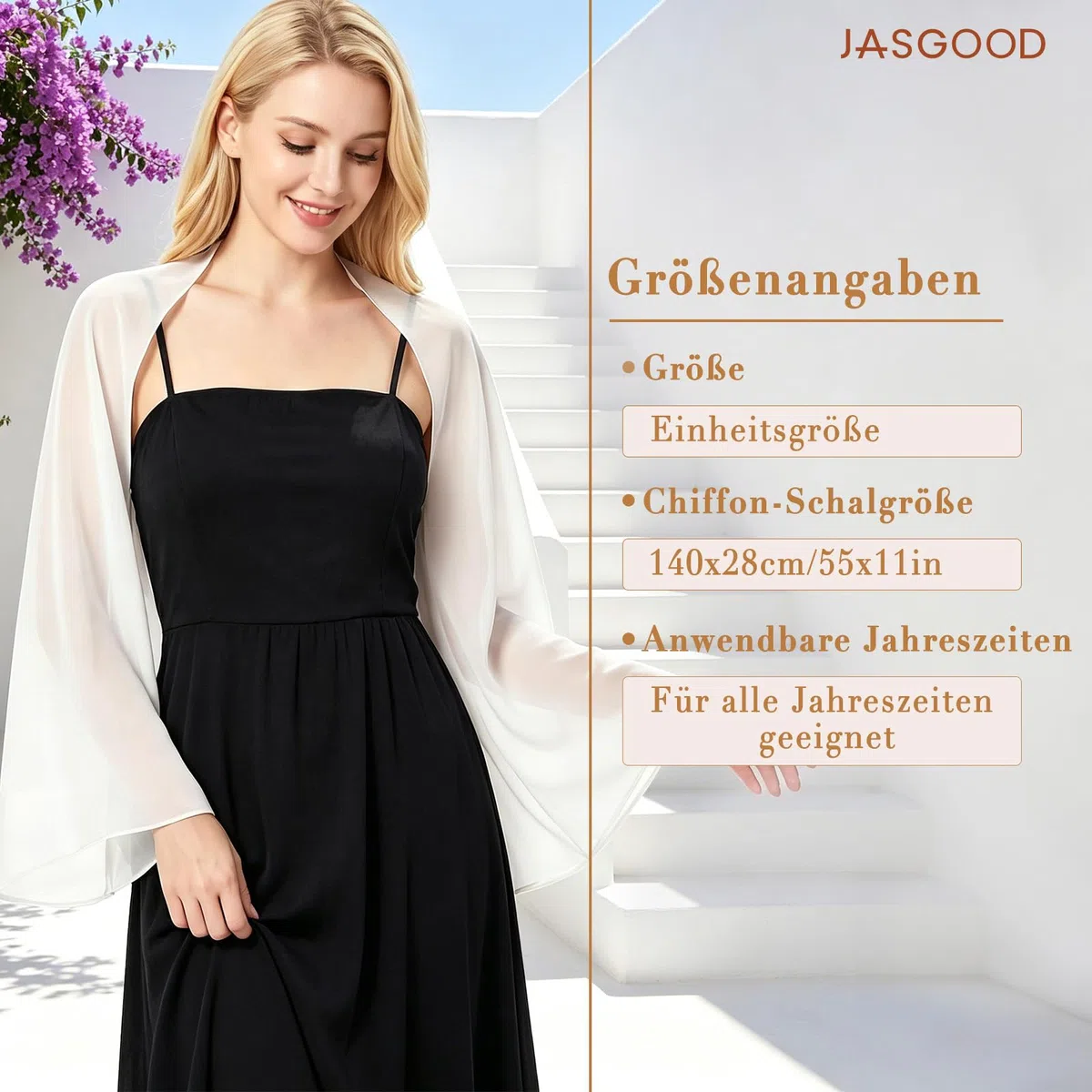 JasGood Stola Damen Festlich Chiffon Schal Sommer Eleganter Schultertuch Leicht Bolero Shrug mit Ärmel Stolan für Abendkleid Brautkleider Hochzeit
