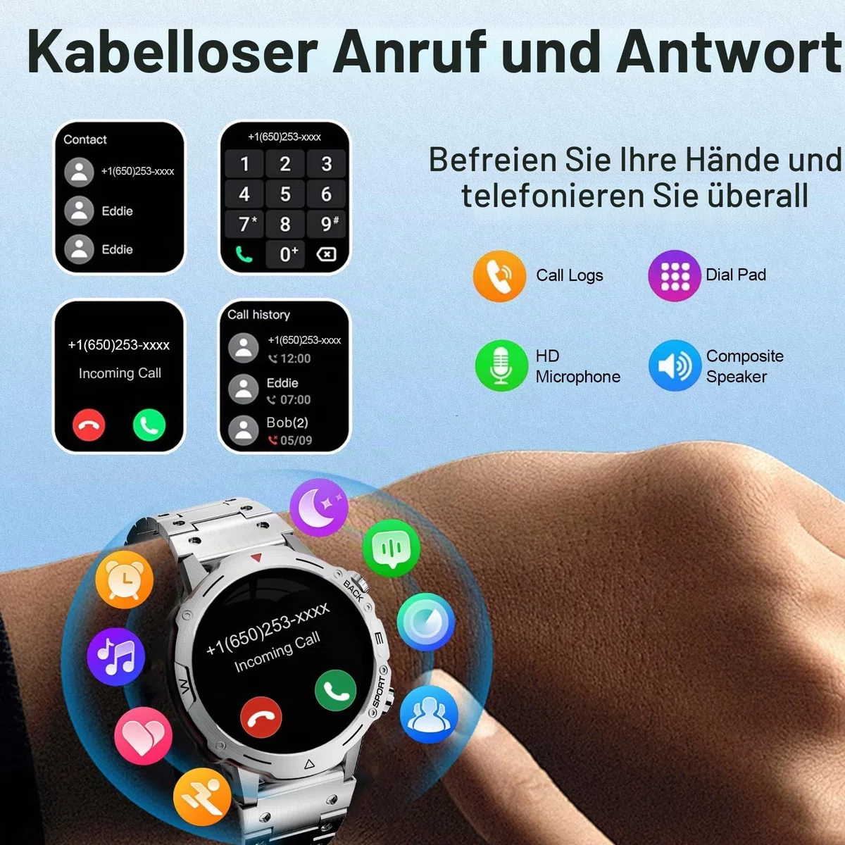 Smartwatch Herren mit 2 Uhrgürteln, über 100 Sportmodi, 24/7 Herzfrequenz, Schlafüberwachung, Smart Watch mit Telefonfunktion, Nachrichtenfunktionen, Fitnessuhr für Android und iOS, Männer