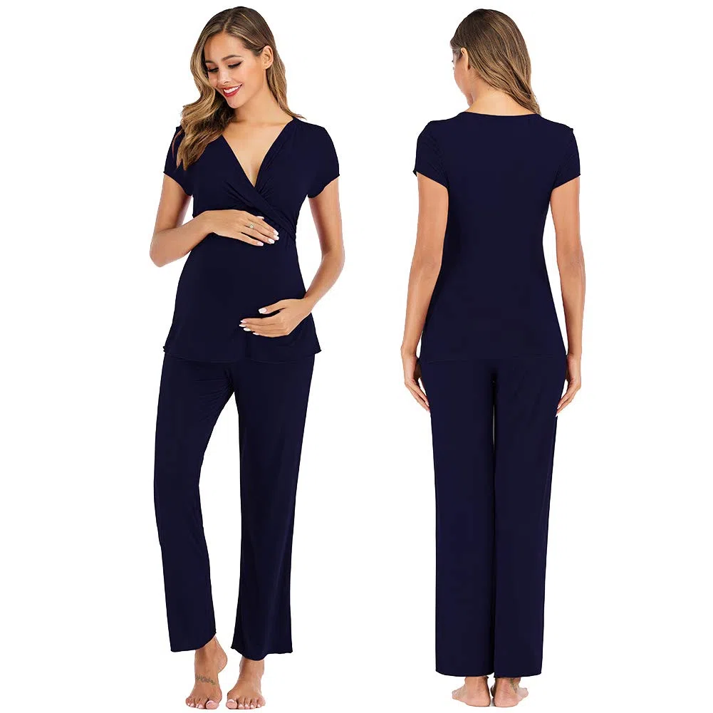 rismart Damen Umstandsmode Stillpyjama Pyjama Set Baumwolle Schlafanzug Kurzarm Oberteil und Lang Hosen Sommer