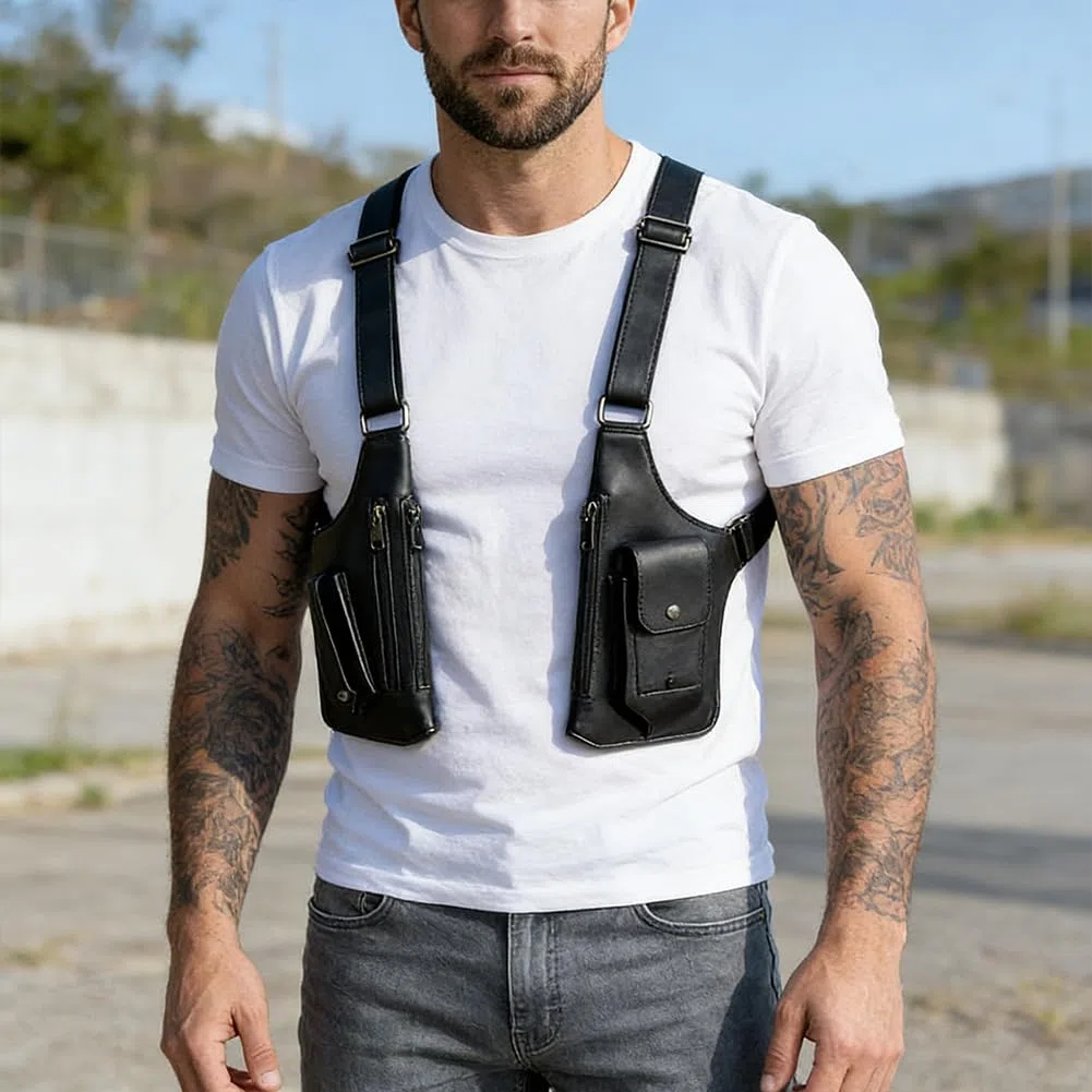 Anti-Diebstahl Unterarm-Schultertasche für Herren, Doppel-Schultertache aus PU-Leder, Verstellbares Achselholster-Design mit Mehreren Taschen, Brusttasche für Reise, Business & Outdoor (Schwarz)