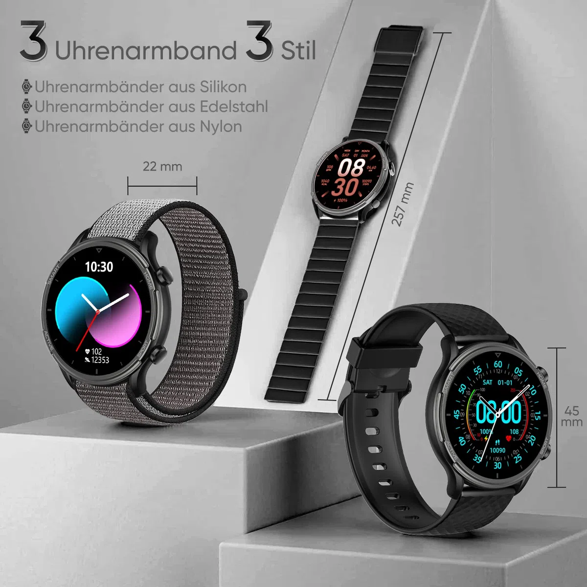 Android Smartwatch Herren Rund Metallarmband - Smartwatch Herren mit Telefonfunktion Whatsapp funktion Blutdruckmessung Schrittzähler Sprachassistenten-Funktion Fitness tracker mit 3 Uhrenarmbändern