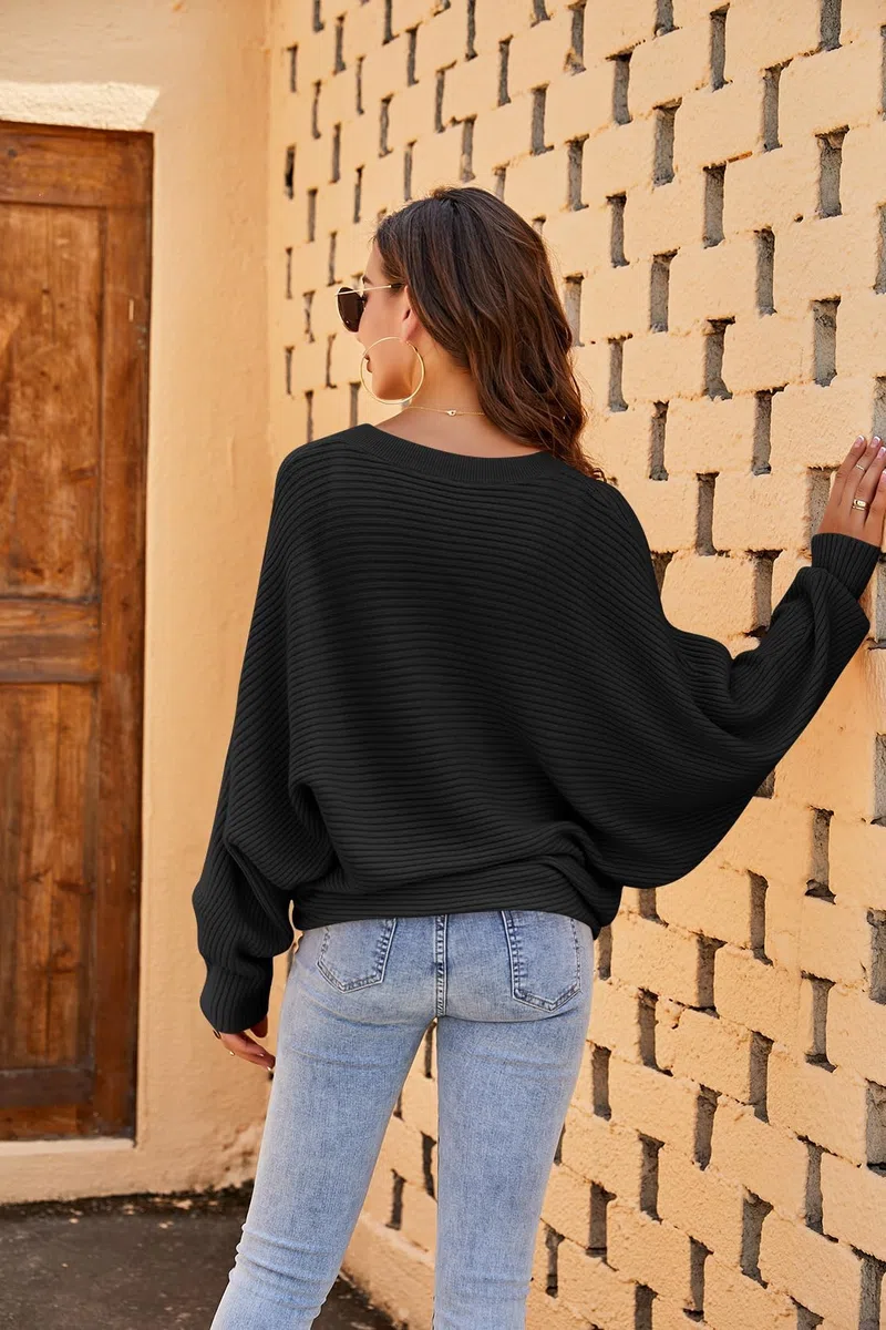 Fessceruna Damen Pullover Oversize Fledermausärmel Strickpullover Winter Rundhals Pulli Geripptes Sweatshirt