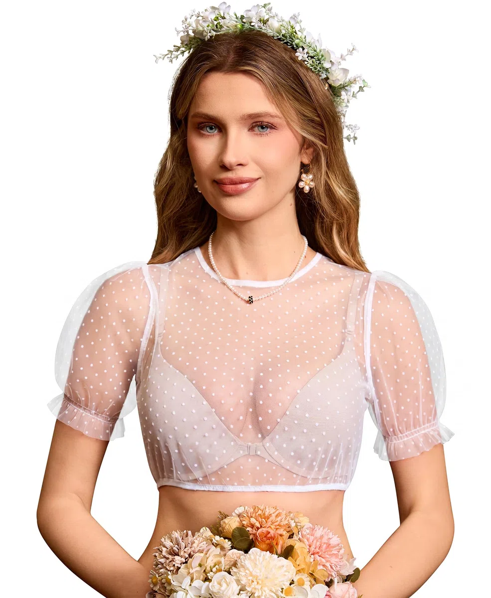 DIRNDLSTERN Bluse Damen – Dirndlbluse Transparent mit Punkten Puffärmel Trachtenbluse Kurzarm für Oktoberfest & Bayerische
