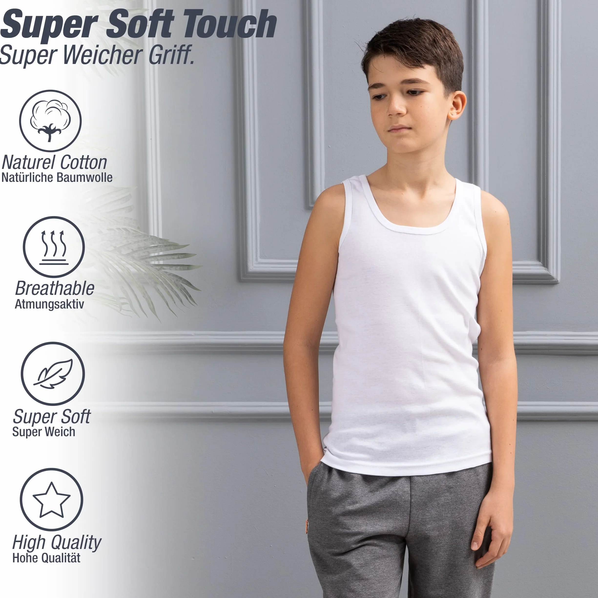 LOREZA ® 6 Pack Jungen Unterhemden 100% Baumwolle Tank Top