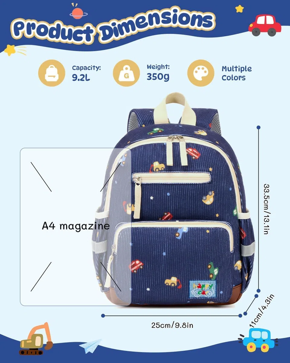PROTAURI Kindergartenrucksack Jungen mit Brustgurt, Rucksack Kinder Reflektierend mit Abwischbarem Boden, Kita Rucksack Vintage Kordsamt Passend für DIN A4 2-6 Jahre, 9.2L, Blau Auto