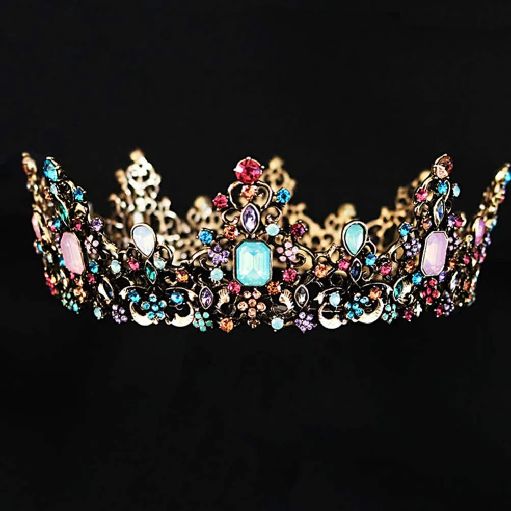 Minkissy große barocke Krone, bunte Strass Kristall Runde Krone Vintage Bronze Legierung Tiara für Hochzeitsfeier Cosplay Geburtstag