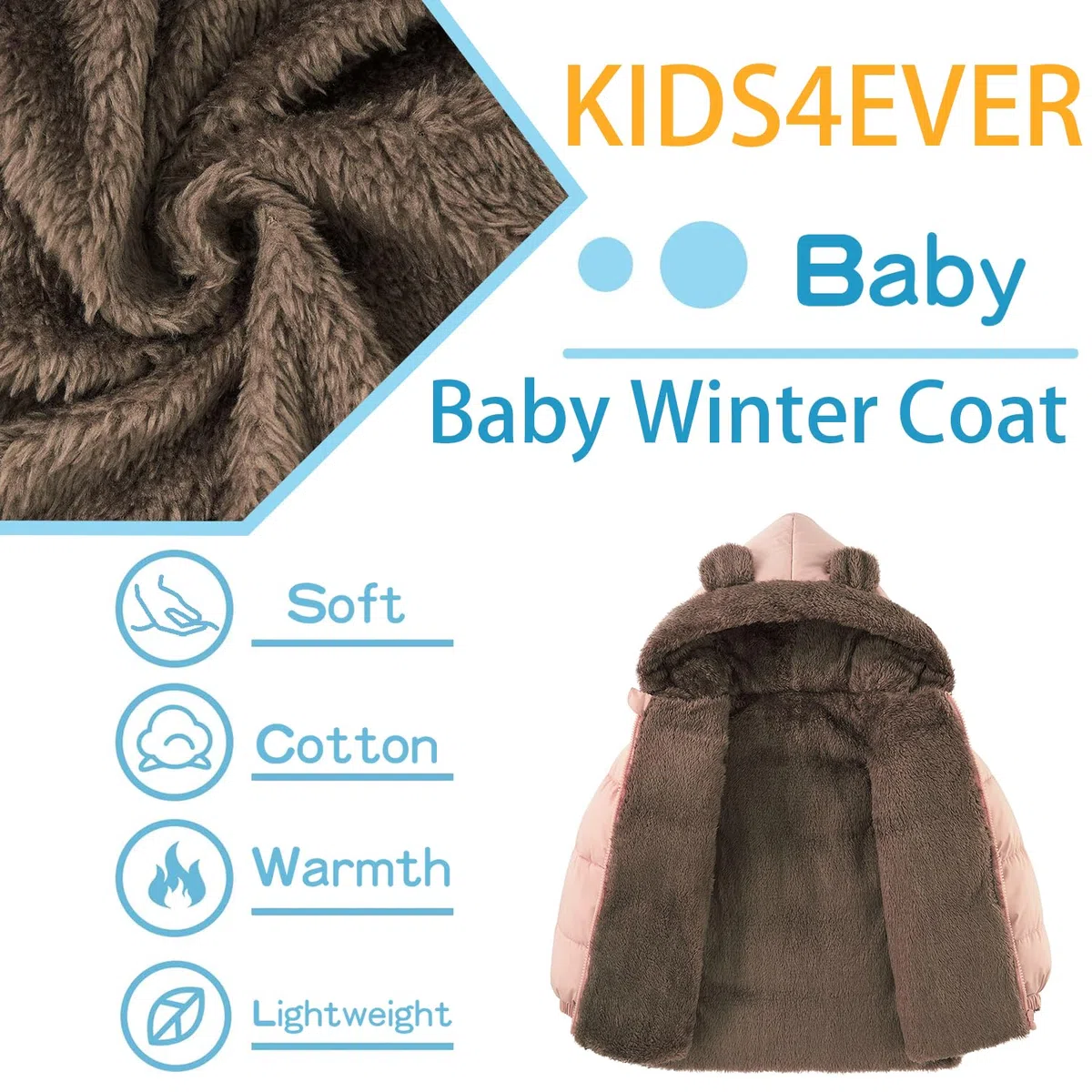 kids4ever Baby Jacke Jungen Mädchen Winter Mantel Niedlich Plüsch Bärenohren Winterjacke Reißverschluss Kapuzenjacke mit Taschen 6 Monate-5 Jahre