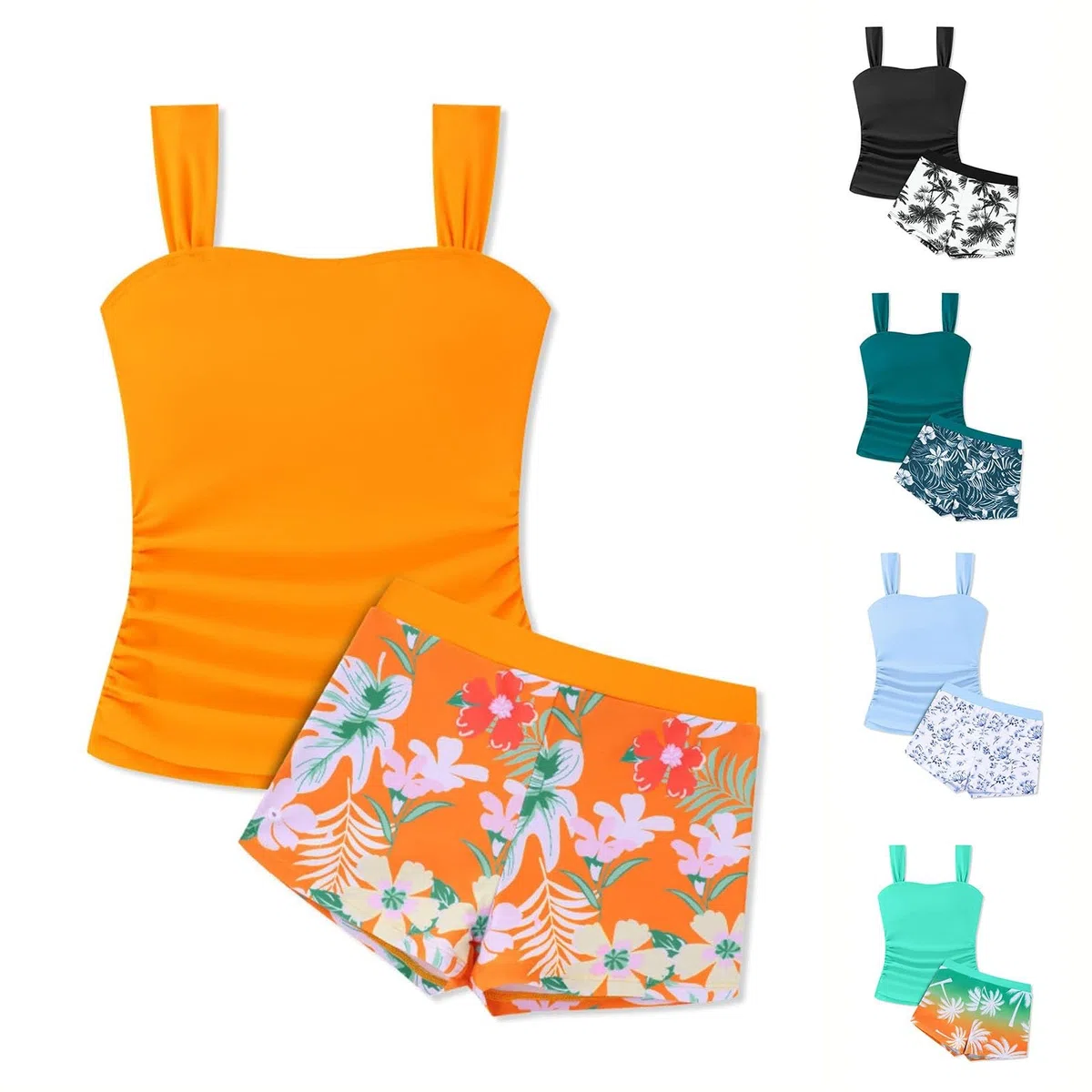 Generisch Tankini-Badeanzug für Teenager-Mädchen – Zweiteiliger Badeanzug für Mädchen mit eckigem Kragen, Bade-Top und Kordelzug-Bottoms