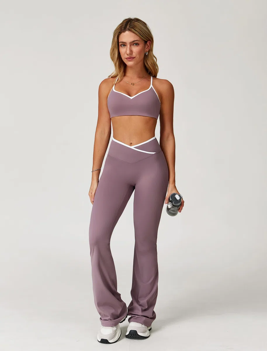 IDOPIP Sport-Set Zweiteiler Damen für Fitness: Kontrastfarbe Rückenfrei Gym Set mit Kompression gepolstertem BH und Crossover Po-Lifting Leggings Schlaghose - Yoga Outfit für Pilates Workout