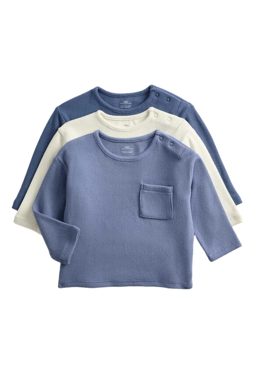 Marks & Spencer 3er-Pack Baby Gebürstete Waffel-Tops – Regular Fit – Lange Ärmel – Mit Stretch