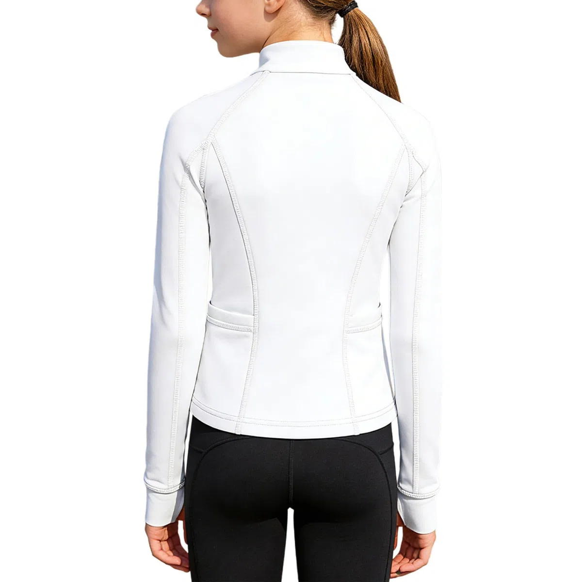 Sywiyi Mädchen Yoga Shirt Langarmshirt Eng Oberteil mit Taschen Stehkragen Sportshirt Laufjacke Kinder Sport Fitness Gym Outfit