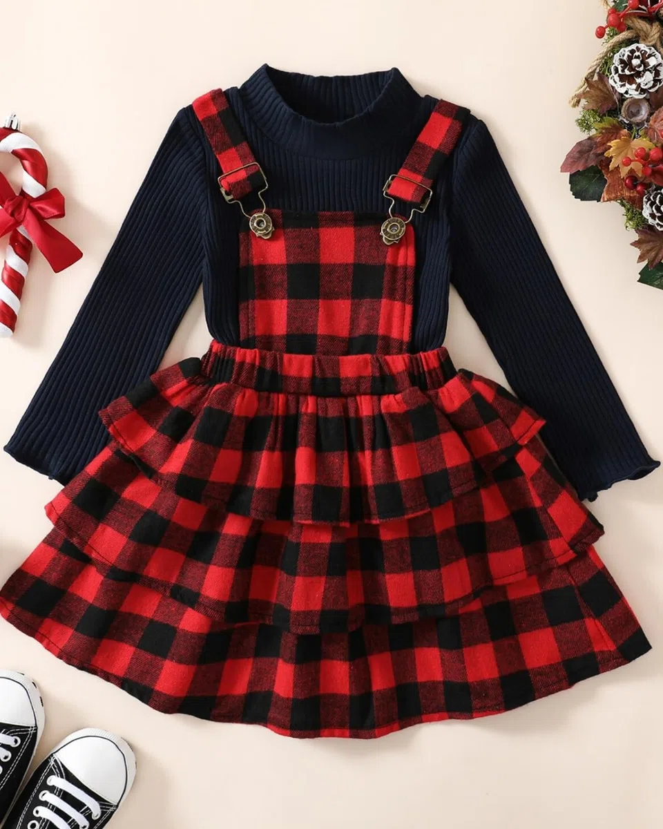 My First Christmas Outfit Baby Mädchen Weihnachtskleid für Kleinkinder Langarm Rot kariert Hosenträgerrock Set