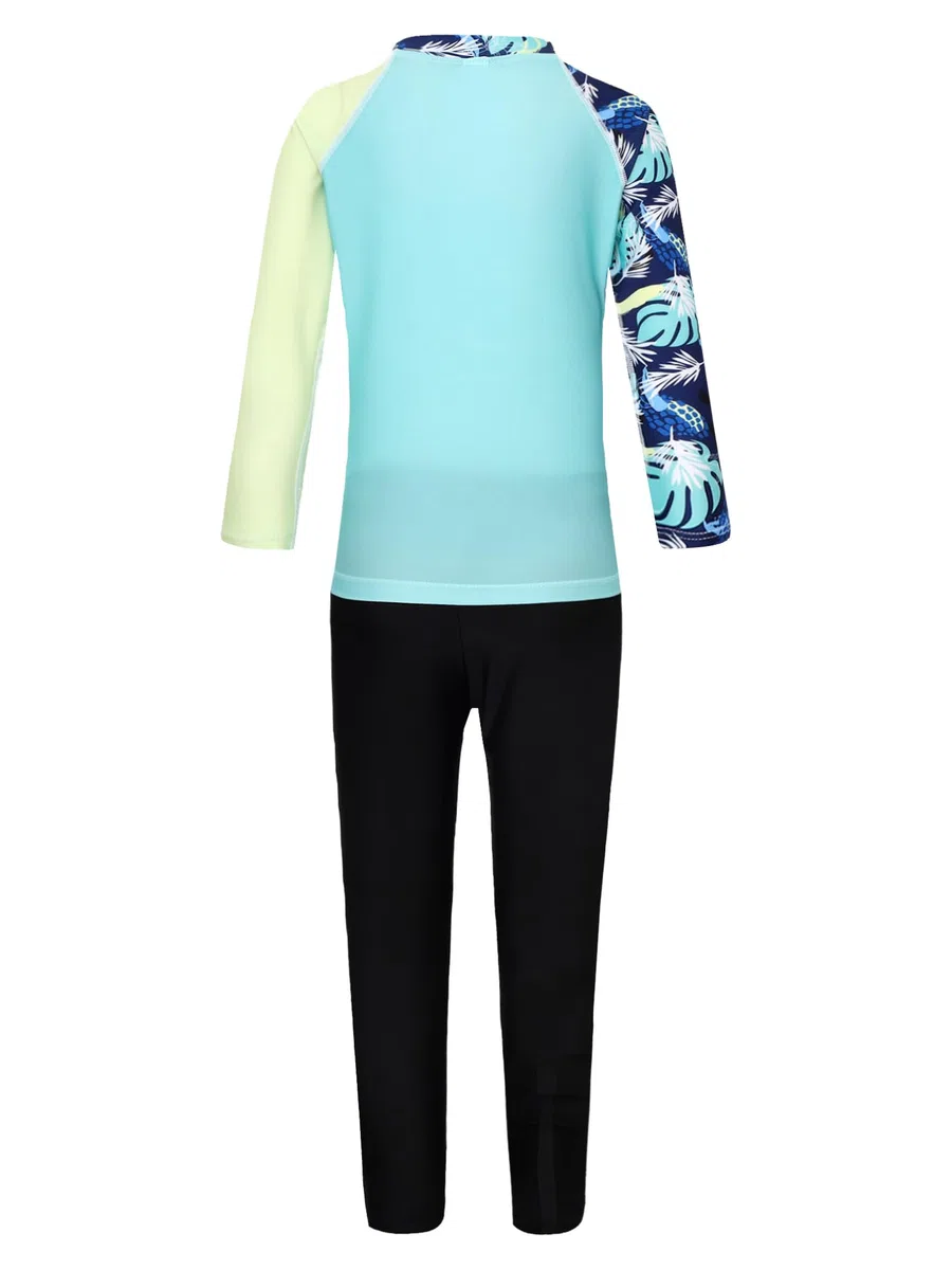 FEESHOW Jungen Mädchen Bademode 2er UV Schützend Lange Ärmel Oberteil Lange Hose Set mit Hawaii Muster Kinder Schwimmbekleidung Surfen Strandmode