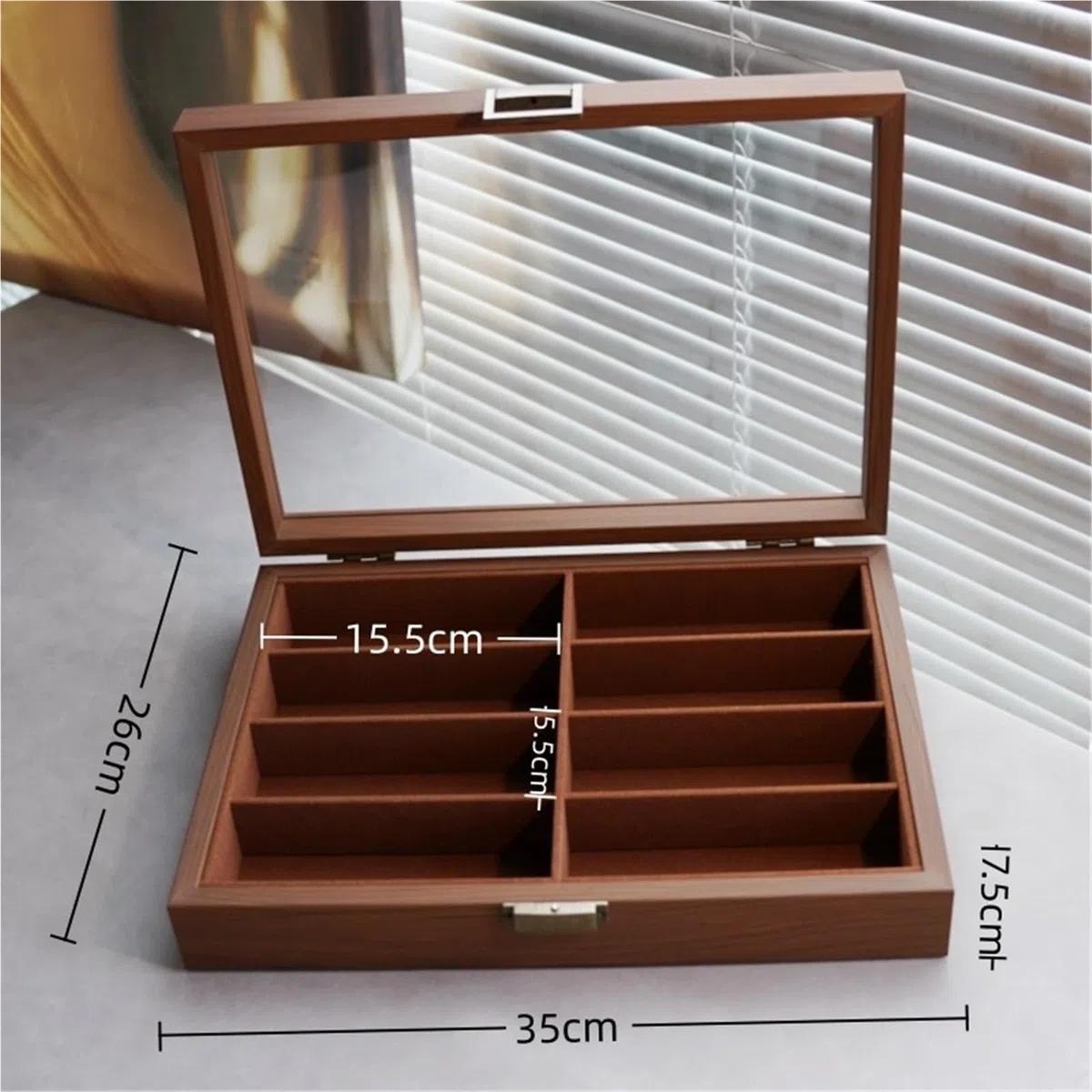 1 Stück Vintage-Brillenetui aus Holz, Sonnenbrillen-Organizer mit 8 Fächern, Sichtfenster-Ausstellungsbox, kratzfester Aufbewahrungsschrank for zu Hause für Brillen