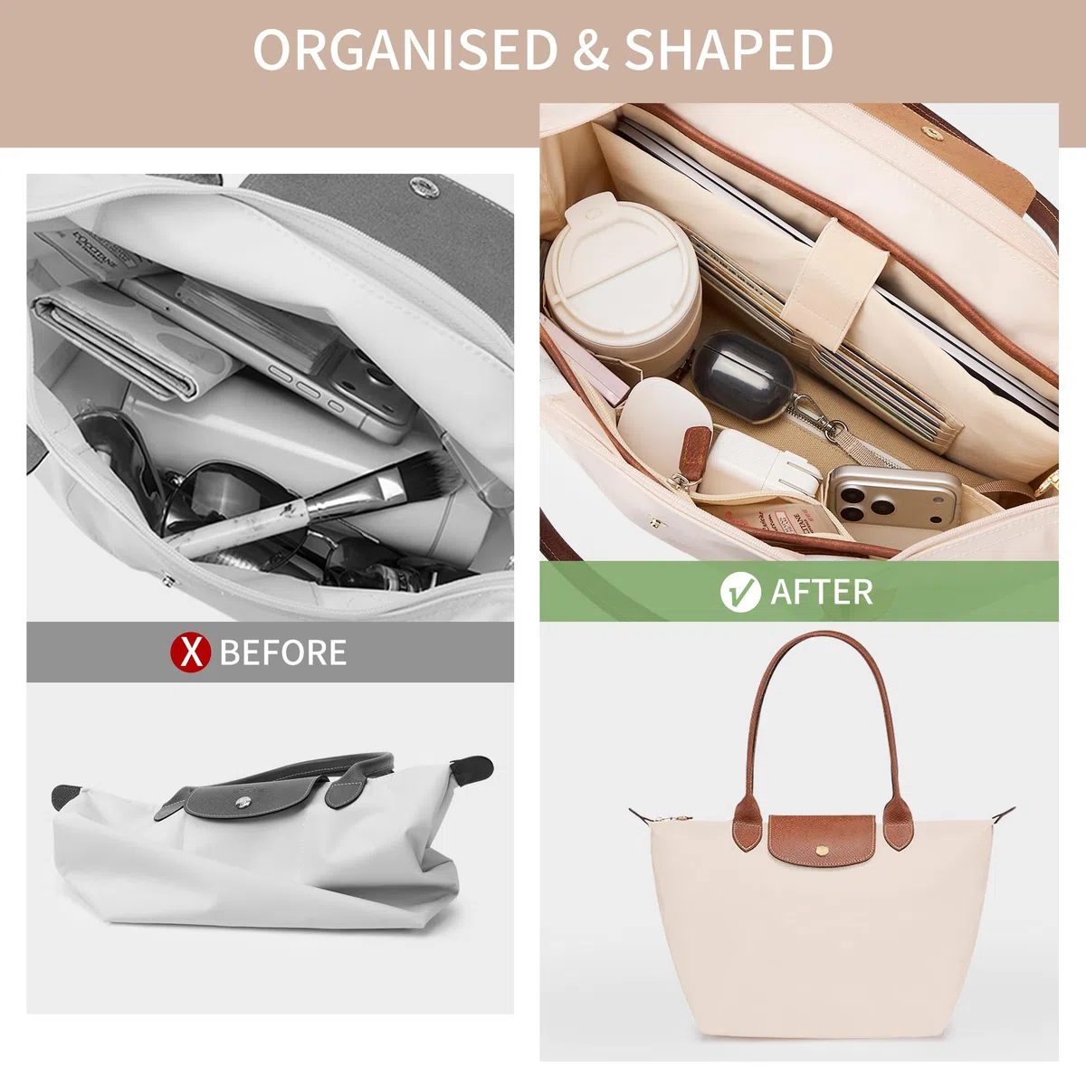 KALIDI Handtaschen Organizer für Longchamp Le Pliage,Taschenorganizer Longchamp Taschen Organizer Wasserdicht mit Multifunktionalen Taschen Großes