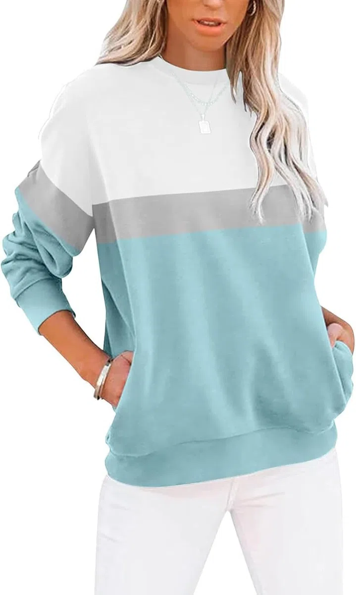 Sweatshirt Damen Pullover Herbst Winter Rundhals Sweater Farbblock Pulli Langarmshirt Baumwolle Elegant Langarm Oberteile mit Taschen