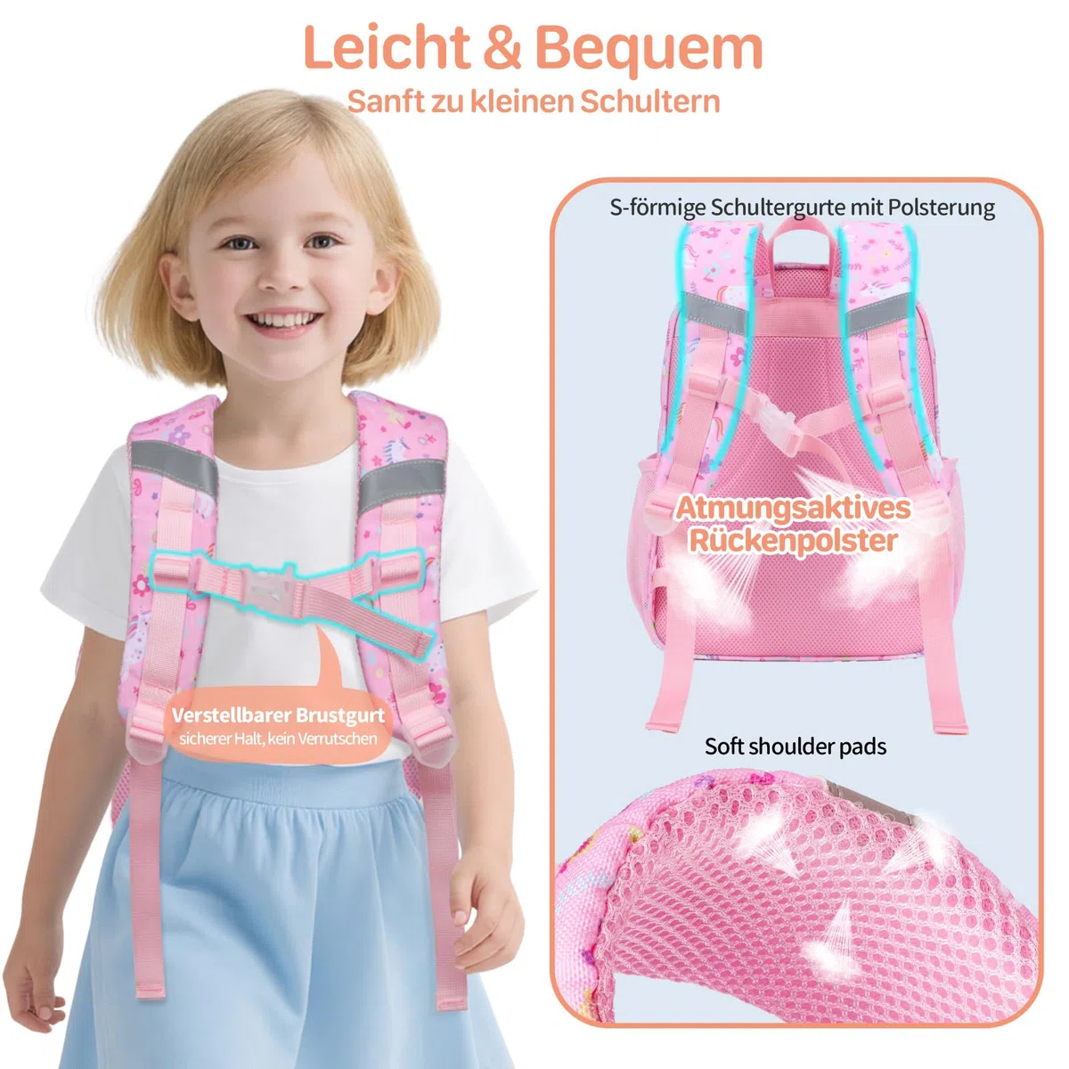 Bagseri Kinderrucksack Mädchen 15L, Leichter Schulrucksack für Vorschule & 1.-2. Klasse, Rucksack mit Brustgurt & Isolierfach, Passend für DIN A4 Schnellhefter, Reflektierend, Rosa Einhorn
