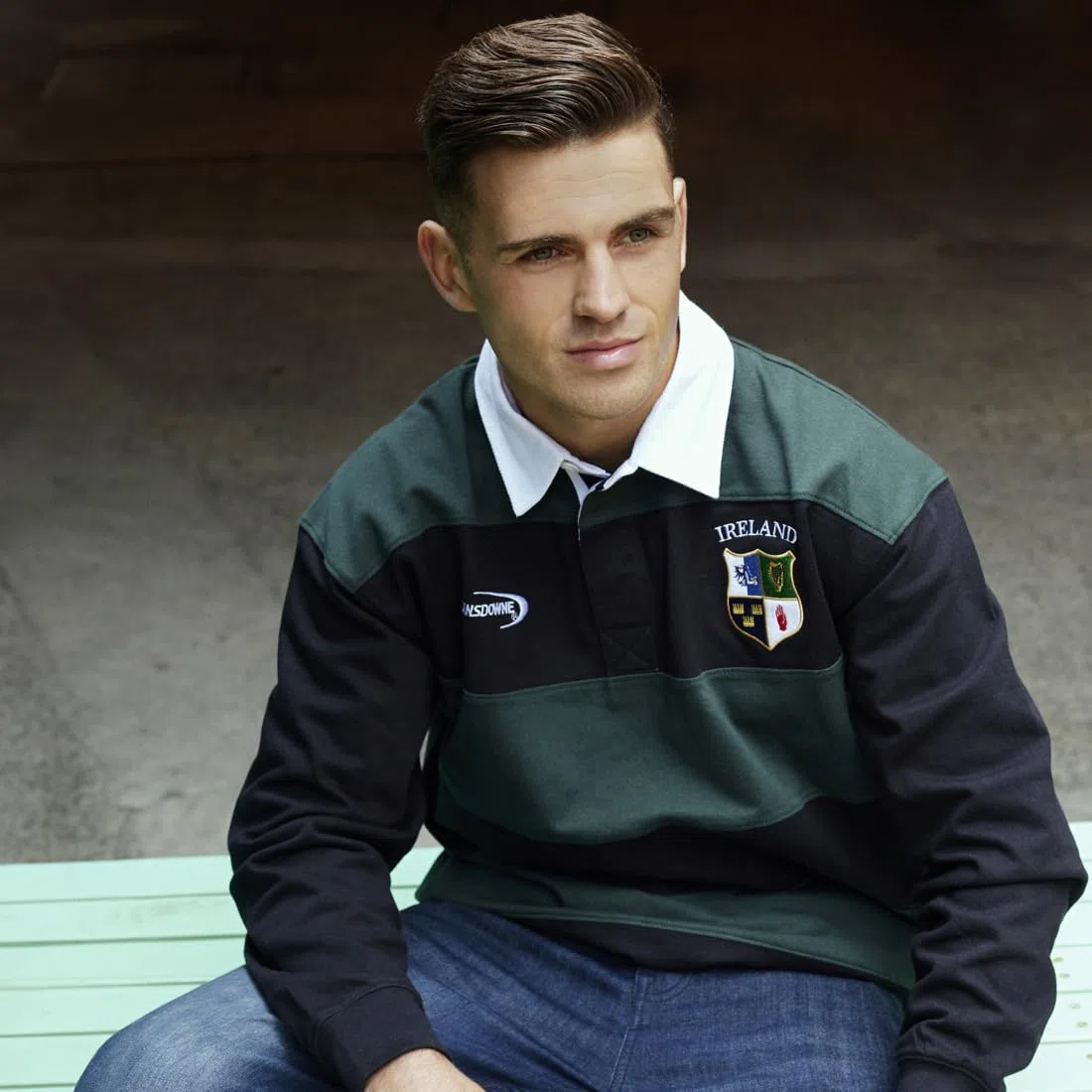 Lansdowne Four Provinces Irland Rugby Shirt, Bestickt, Grün-schwarz gestreiftes Langarm Rugby Polo