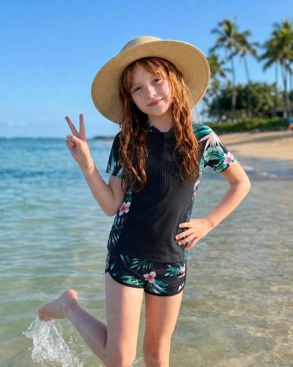 DivingBirds Badeanzug Mädchen mit Soft-Pads, Kinder Kurze Ärmel Schwimmanzug Schwimmshirt UV Badebekleidung Geeignet für Urlaub Küste Strand 8-14 Jahre