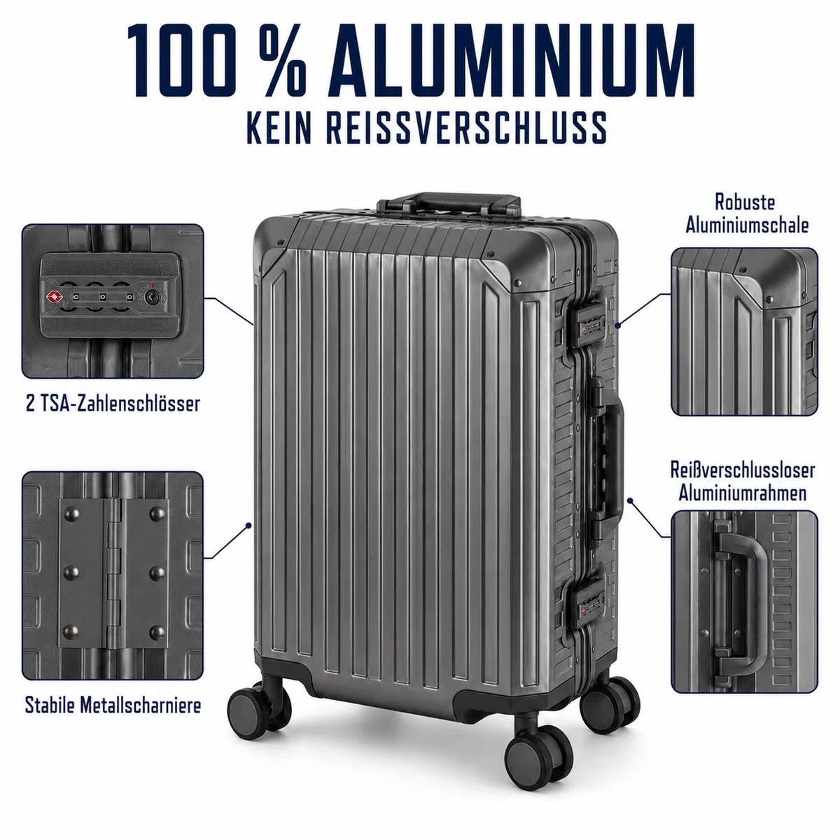 Travelhouse Koffer 100% Aluminium Reisekoffer Bordkoffer Hartschalen-Koffer Handgepäck 55cm· Teleskopgriff · 4 Silent Move Doppelrollen 2X TSA Schlösser · Grau
