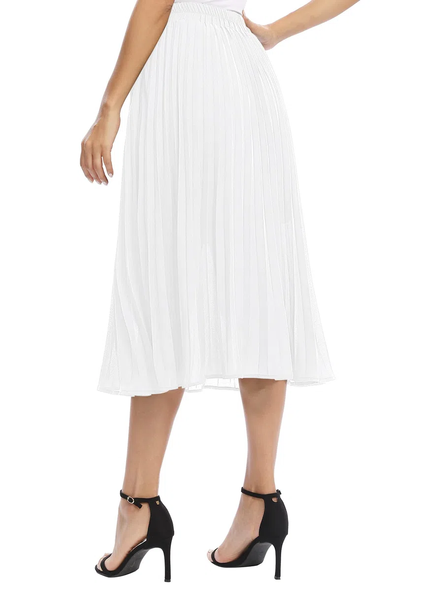 EXCHIC Damen Fließender Chiffon Elastisch Taille Midi Rock Freizeit A-Linie Knielange Falten Rock mit Tasche