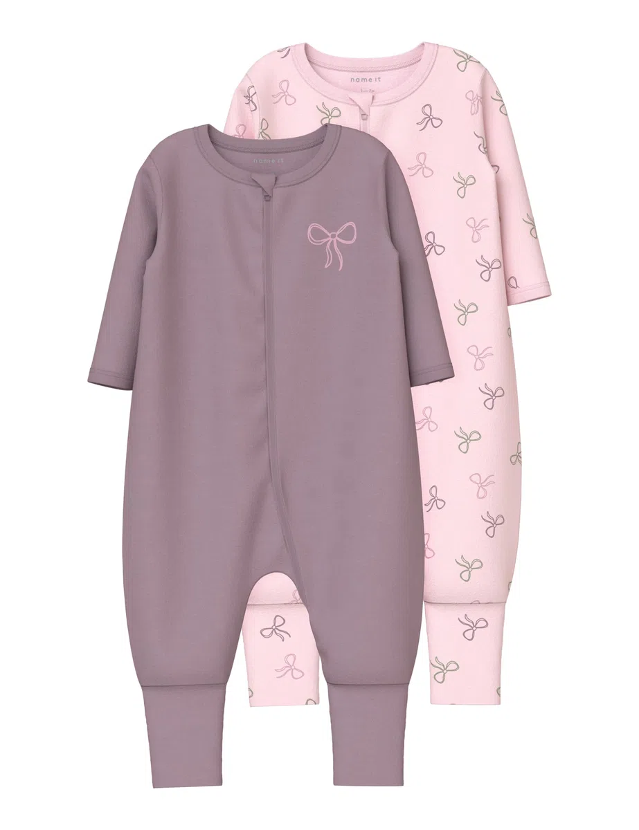 NAME IT Damen Girl Schlafanzug 2er-Pack Nbfnightsuit 2P Zip Ff Pink Bow Noos (2er Pack)