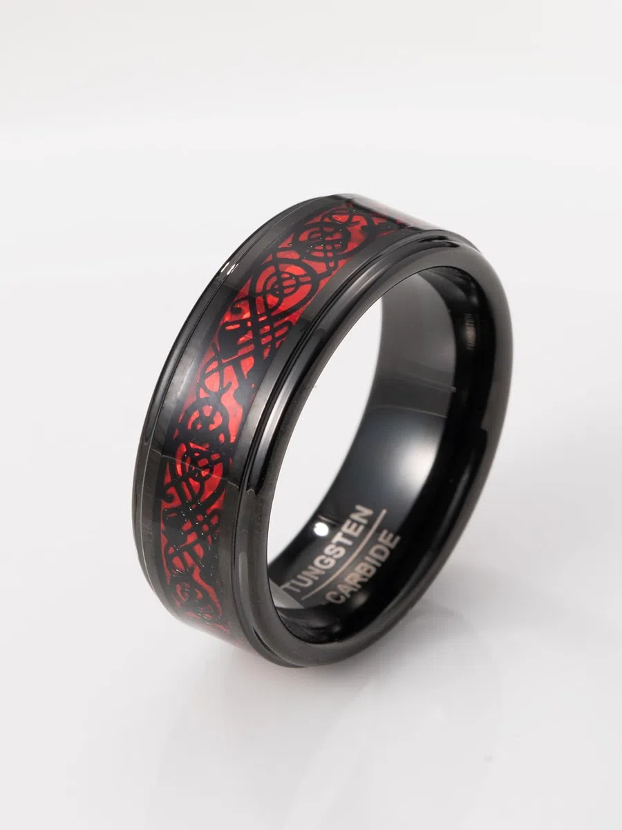 VAKKI Herrenring 8mm Schwarz Wolfram Ring Keltische Drachen-Eheringe mit Opalpapier/Kohlefaser für Männer Größe 49.3(15.7)-74.8(23.8)