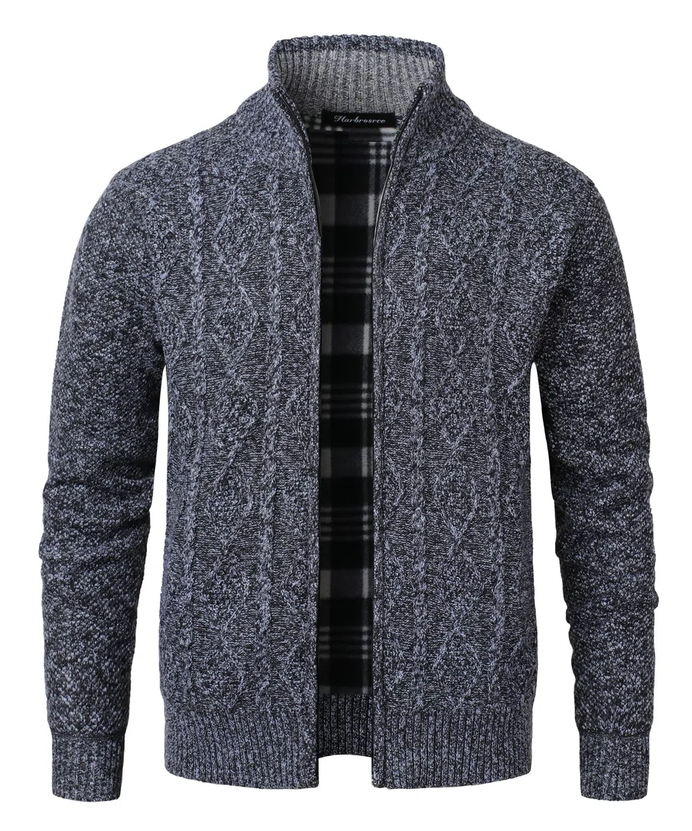 Strickjacke Herren Langarm Stehkragen Cardigan Fleecejacke mit Zopfmuster Reißverschluss Jacke Gestrickt Pullover für Männer