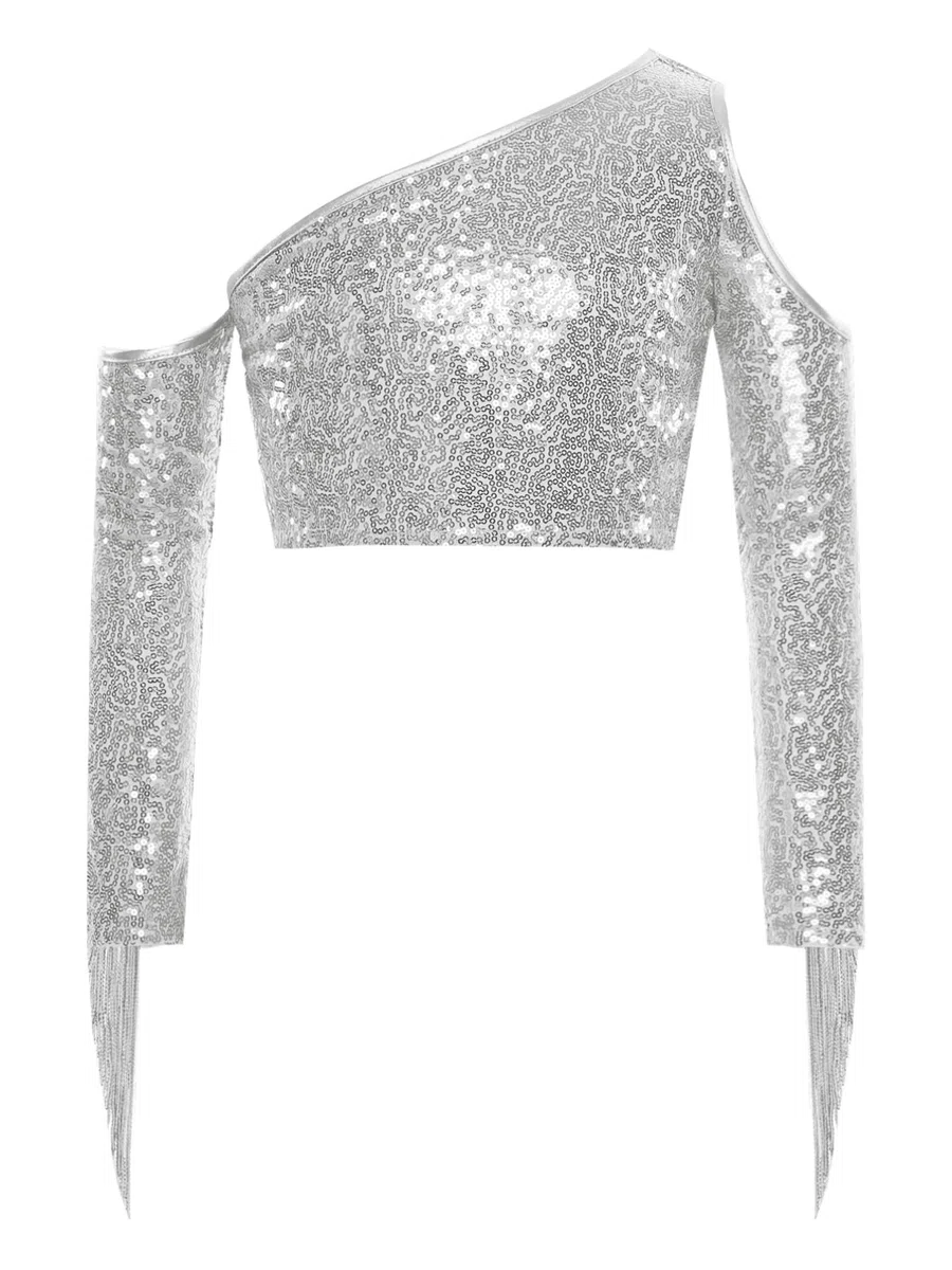 TiaoBug Mädchen Pailetten T-Shirt EIN-Schulter Tee Glänzend Langarmshirt mit Cut Out Fransen Tunika Jazz Tanz Shirts Glitzer Party Tops Tanzkostüm