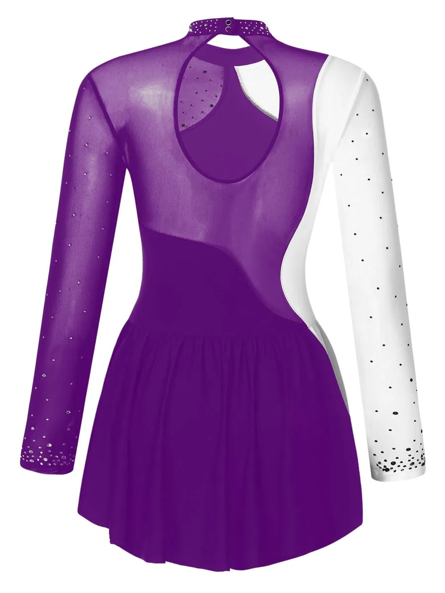 CHICTRY Eiskunstlauf Kleid Damen Langarm Strass Glitzer Ballettkleid Stehkragen Tanzbody Farbblock Patchwork Trikot Mit Wickelrock Dancewear