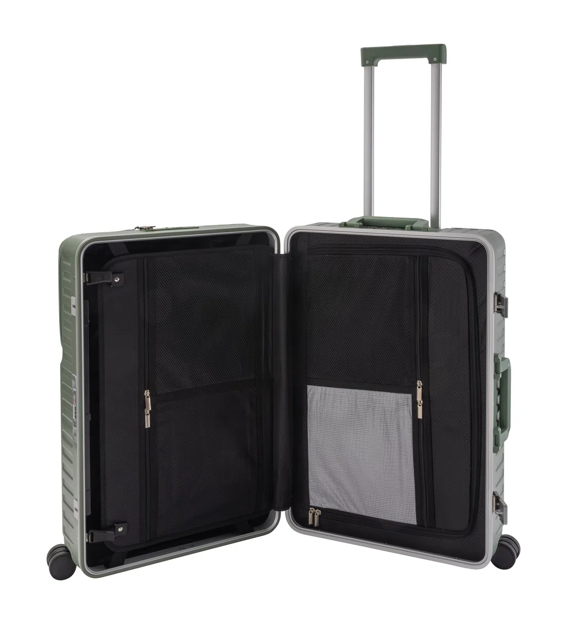Travelhouse Roma Reisekoffer mit USB & Getränkehalter, Hartschale, Alu-Rahmen, Extrafach, 2xTSA, 65x40x25 cm, Salbeigrün