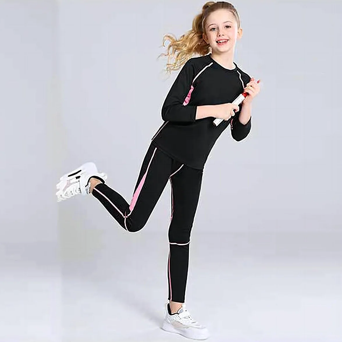 linboo Mädchen Sportanzug 2tlg Yoga Anzug mit Langen Ärmeln und Hosen, Kleidung Set, Atmungsaktiv und Elastisch, Outdoor eng anliegende Tanz- und Fitnessbekleidung für Kinder