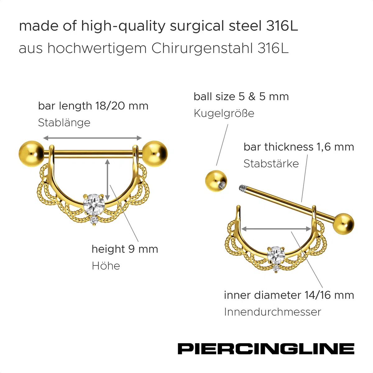 PIERCINGLINE Chirurgenstahl Nippelpiercing Barbell | ORIENTALISCHES DESIGN + KRISTALL | Piercing Brust Nippel Brustwarze | Farb & Größenauswahl