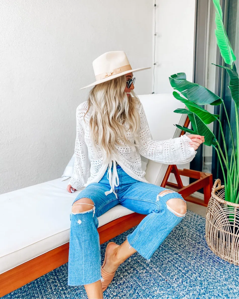 Saodimallsu Damen Pullover Flowy Oversized Langarm Frühling Sommer Strickpullover V-Ausschnitt Crochet Sexy Tops