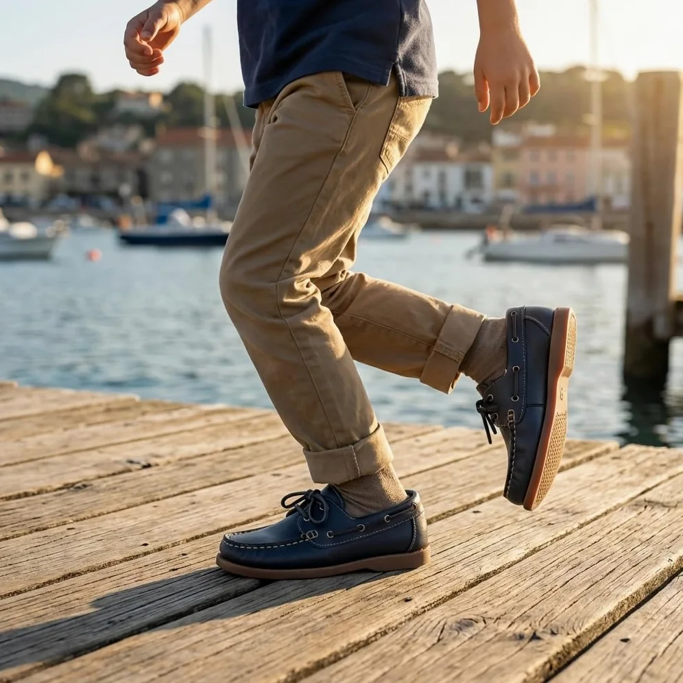 Kinder Bootsschuhe Jungen Klettverschluss - Leder Segelschuhe Mokassins Rutschfest - Bequeme Slipper für Schule & Alltag - Halbschuhe Weit - Winter Gefüttert oder Sommer Ungefüttert