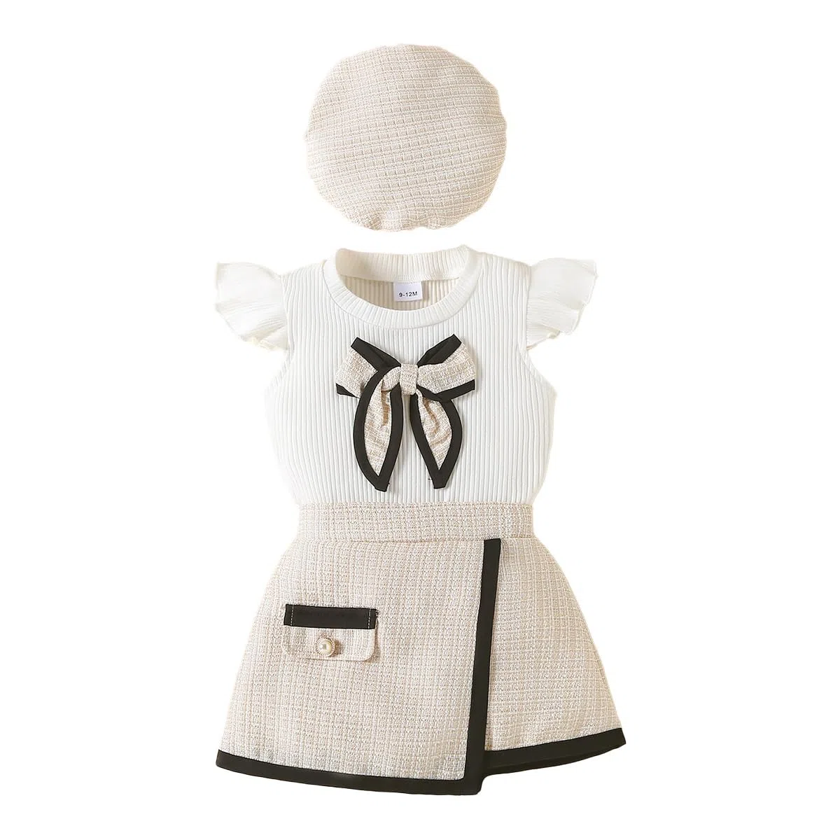 Kleinkind Baby Mädchen Outfits Ruffle Kurzarm Bowknot Top + Elegant Plaid Tweed Muster Rock Baskenmütze + Baskenmütze Sommer Kleidung Sets