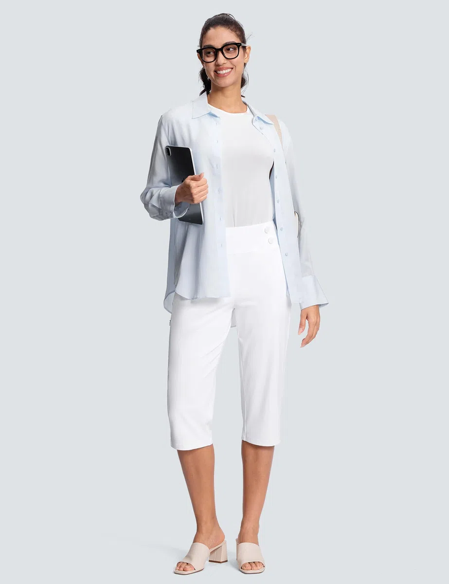 ISEEGZ Elegante Caprihose für Damen, hohe Taille, Stretch, Golf-Caprihose für den Sommer, mit Taschen, Arbeit, Freizeit, 45,7 cm