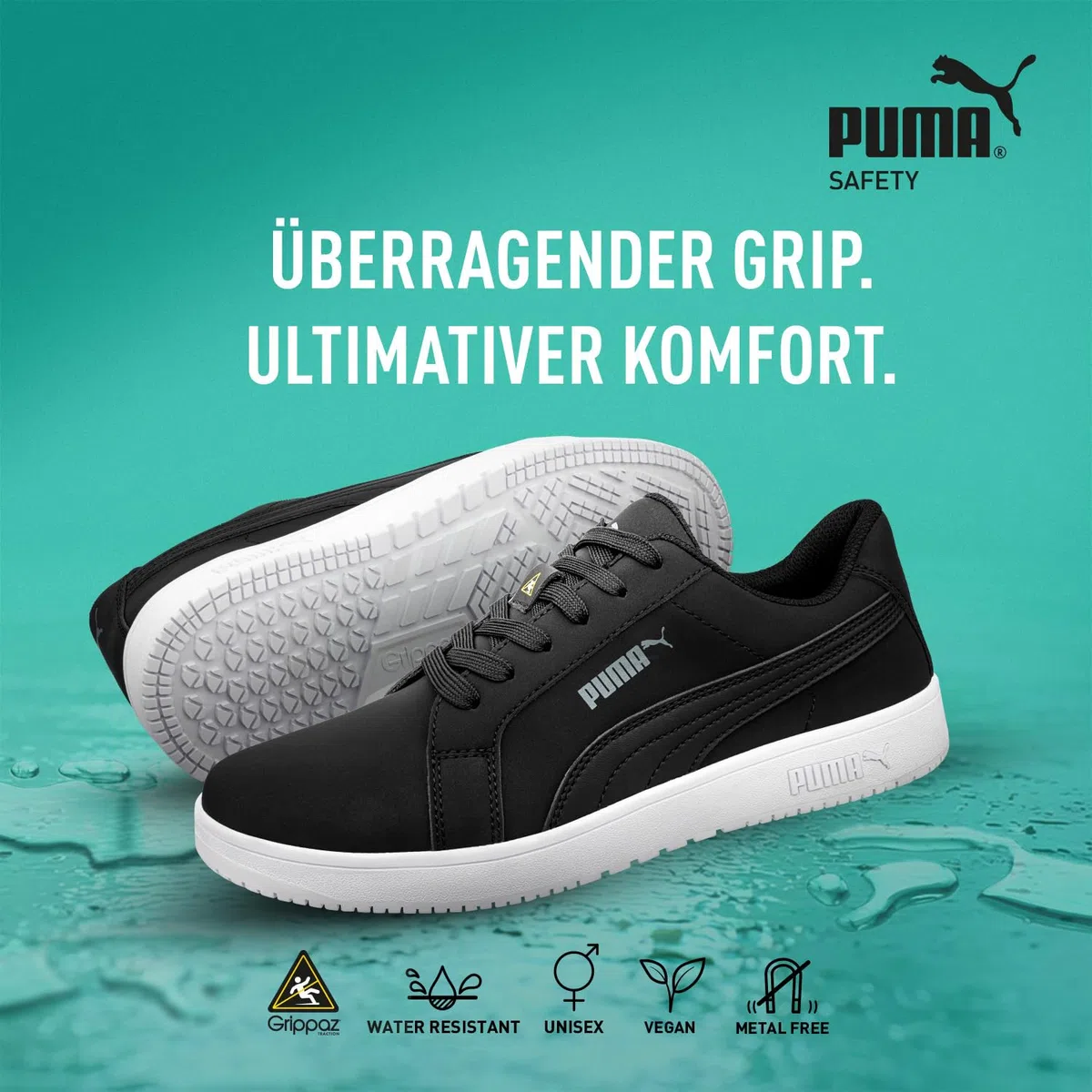 PUMA Safety STELLAR Rutschhemmende Berufsschuhe – rutschfeste O2 Arbeitsschuhe, metallfrei, wasserabweisend – ideal als Kochschuhe & Arbeits- Sneaker - Schwarz