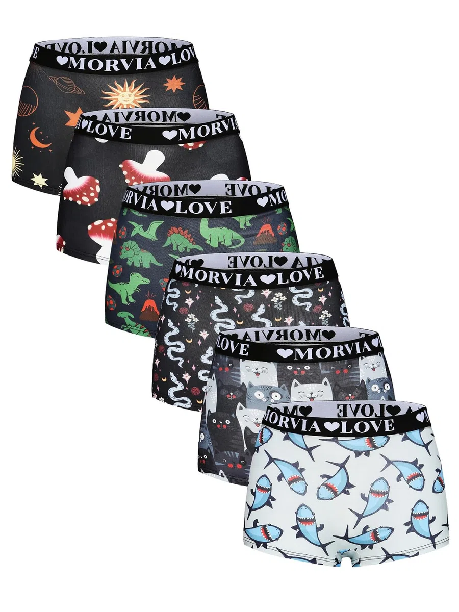 Morvia 6er-Pack Gotische Halloween Druck Boxershorts Hohe Taille Variety Unterwäsche mit Elastischem Band Schädel Rose Sterne Muster