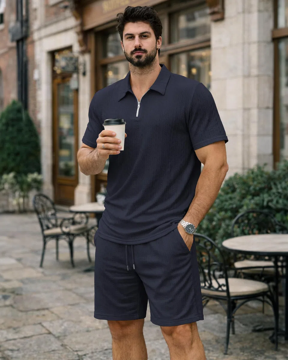 KUYIGO Herren-Trainingsanzug, 2-teilig (Polohemd & Shorts), luftdurchlässige T-Shirts und Shorts für den Sommer, Freizeit, Fitness, Urlaub und Outdoor, S–2XL