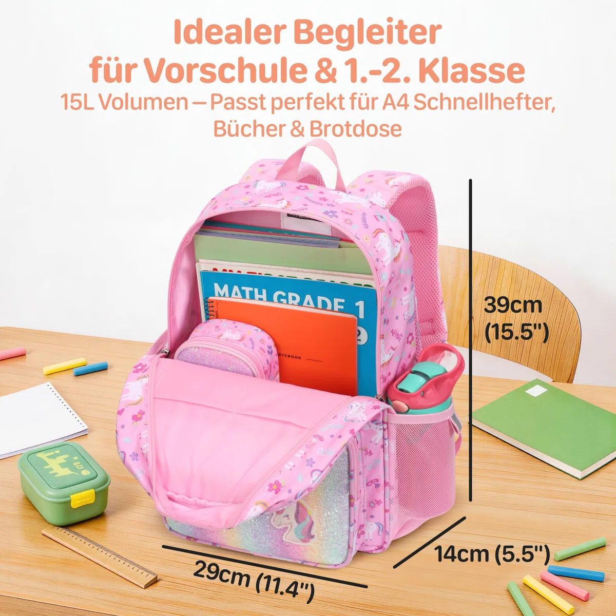 Bagseri Kinderrucksack Mädchen 15L, Leichter Schulrucksack für Vorschule & 1.-2. Klasse, Rucksack mit Brustgurt & Isolierfach, Passend für DIN A4 Schnellhefter, Reflektierend, Rosa Einhorn