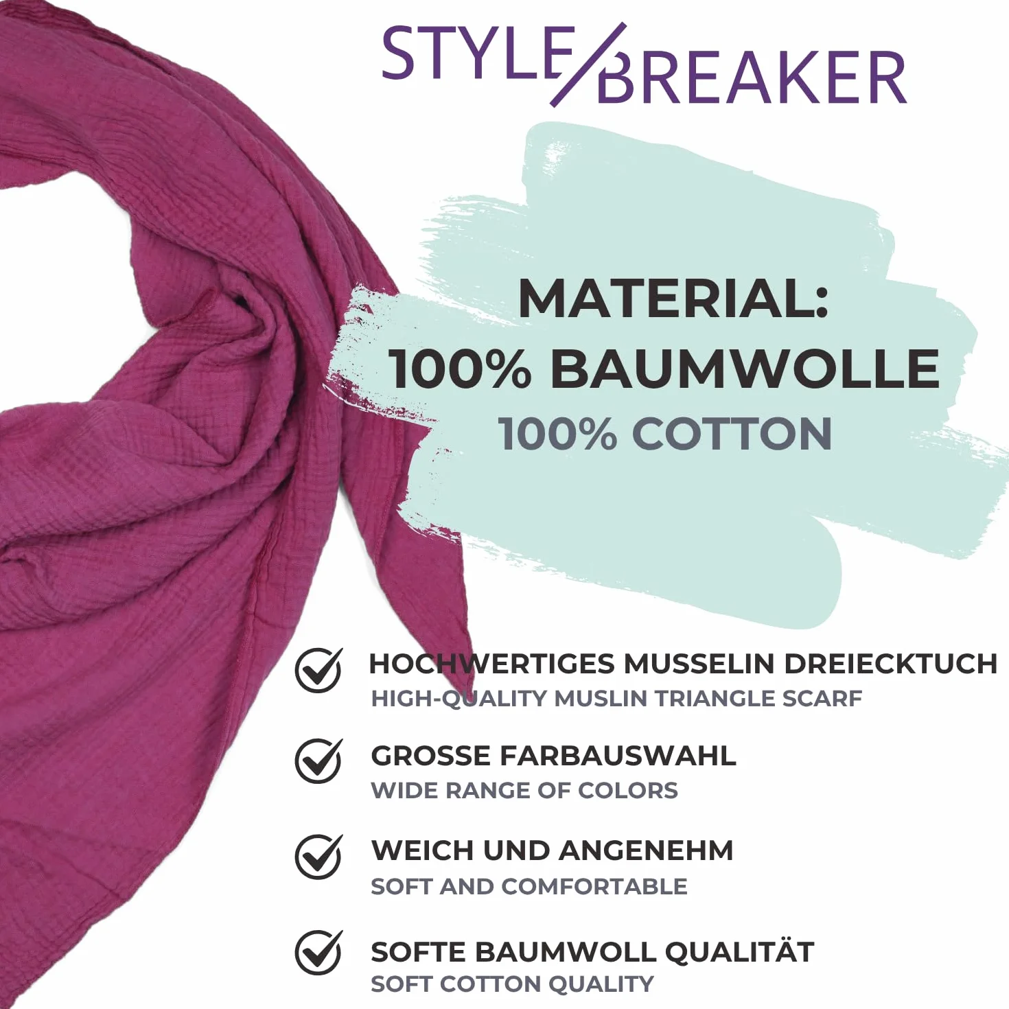 styleBREAKER Damen Musselin Dreieckstuch aus 100% Baumwolle | Weiches und leichtes Halstuch für Damen Unifarben | Stylisches Tuch für jede Jahreszeit - Made in Italy, 196 x 84 cm