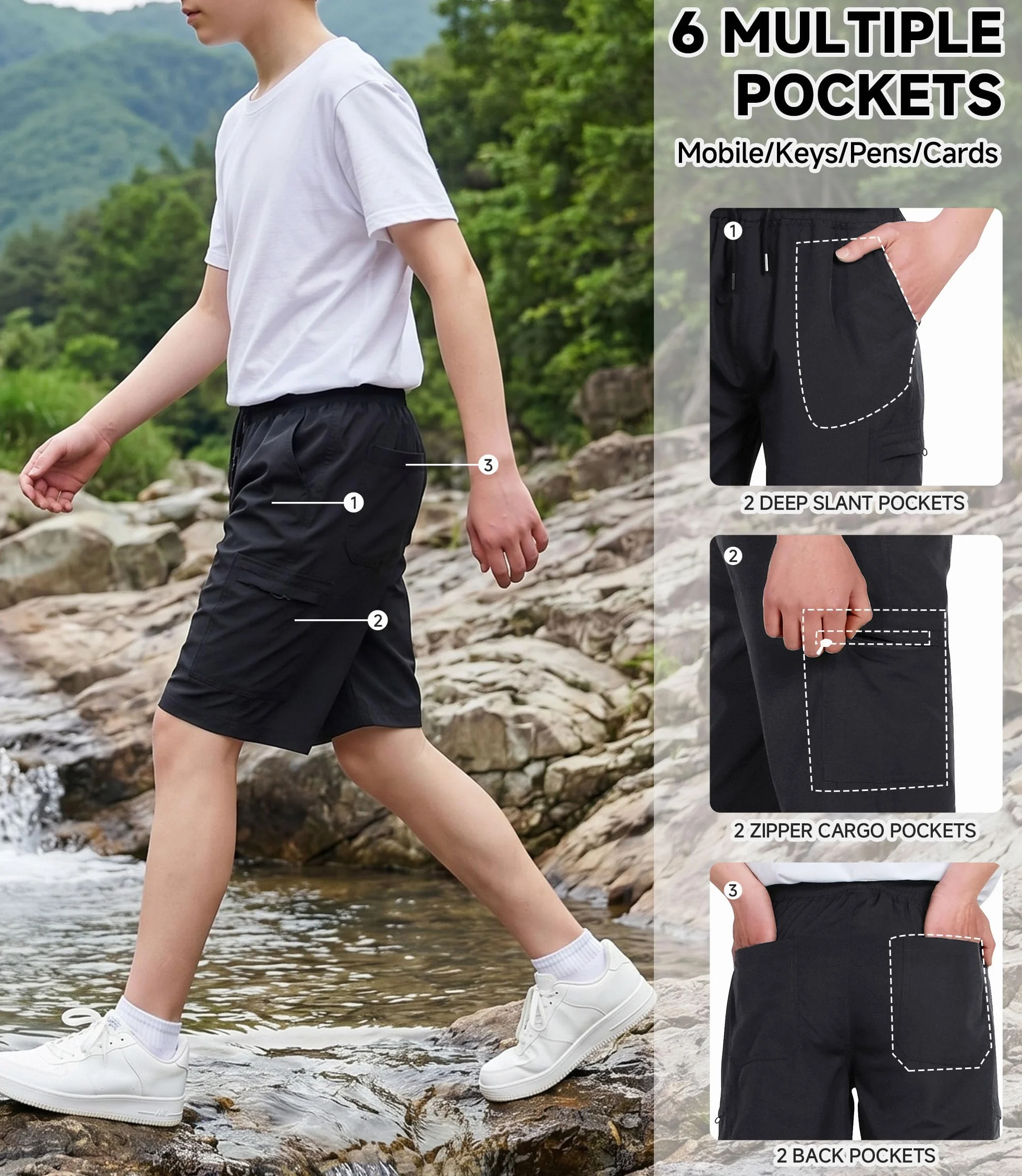 Jungen Cargo Shorts Leicht Kinder Kurze Hosen Sommer Freizeithose Bermuda Elastische Taille mit Taschen