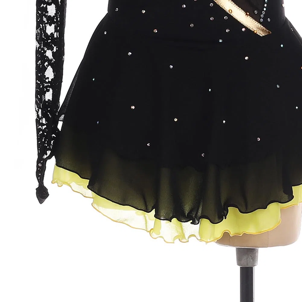 Eiskunstlauf Kleid Mädchen, Handmade, Schwarz, Mesh, Spitze, Langarm, Strass, Kürkleid Rollkunstlauf Kostüme Wintersport Professional Tanzkleider