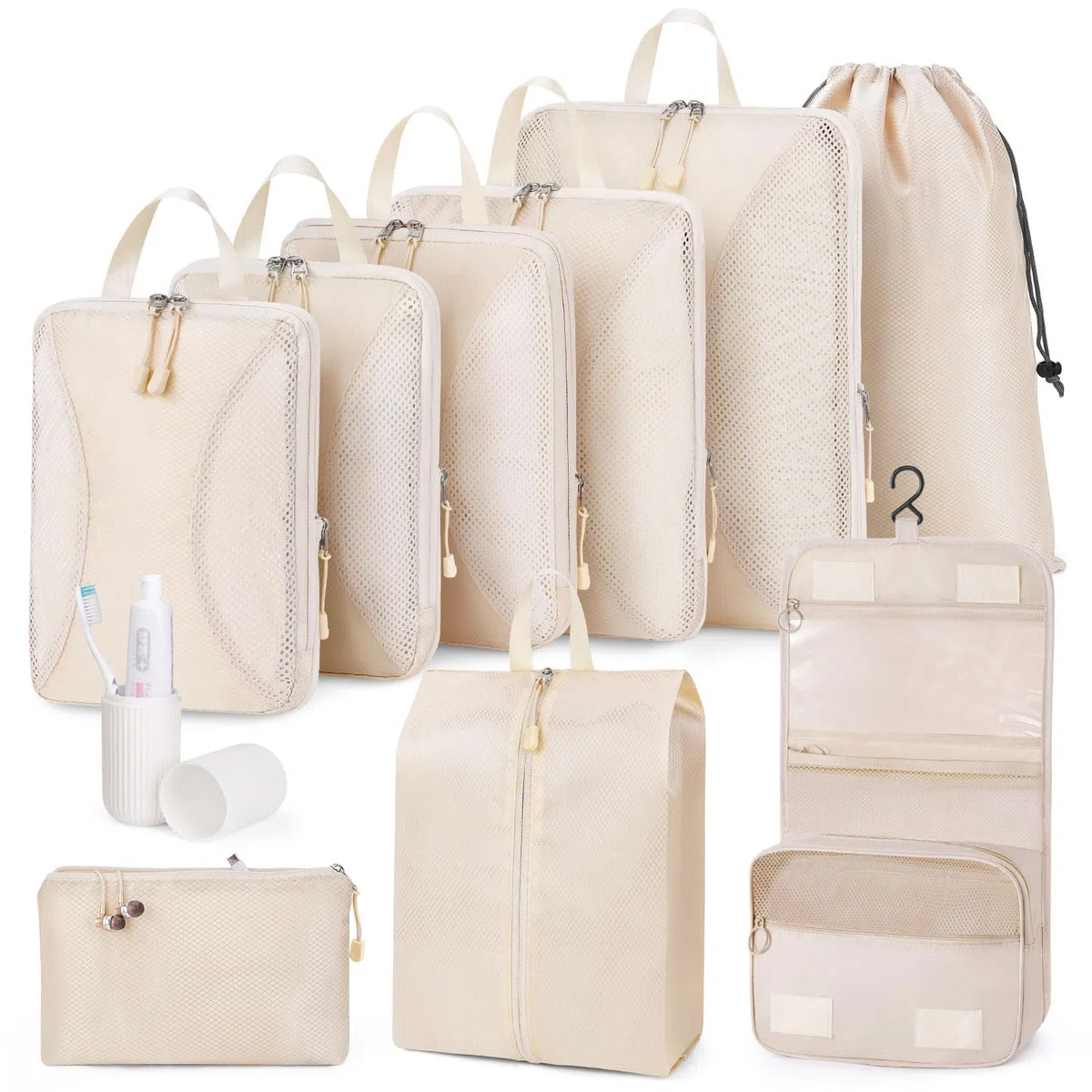 Anjing Packing Cubes Compression - 10-teiliges, Koffer Organizer Set mit Kompression, Komprimierbaren Packwürfeln zur Organisation, Packwürfel für Koffer, Beige