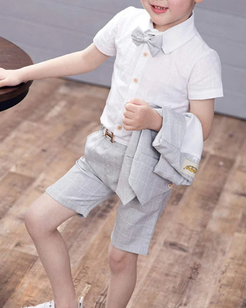 4 Stück Kinder Junge Anzug Sommer Hochzeit Anzüge Weste + Kurzarm Hemd + Kurze Hose + Bowtie Kinderanzug Festlich Outfit
